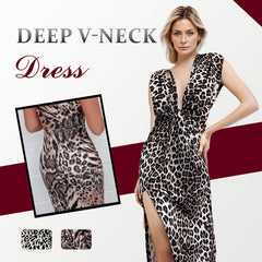 Irma Zerilli™ Deep V-Neck Leopard Print Slit Dress