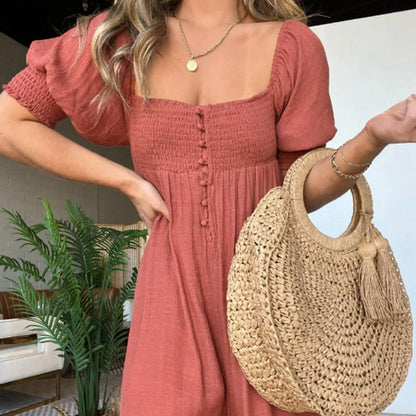 Luisa Gregori™ Women's Square Neckline Jumpsuit With Smocked Bodice Button