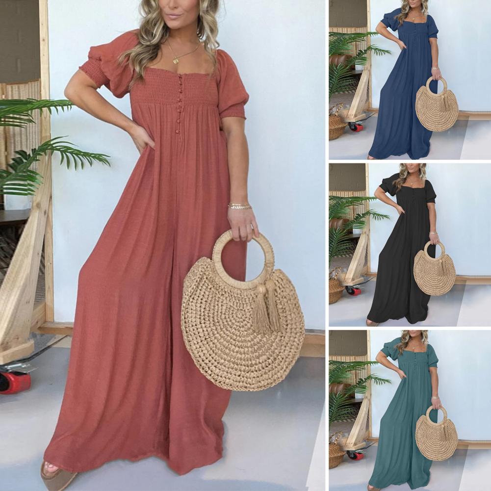 Luisa Gregori™ Women's Square Neckline Jumpsuit With Smocked Bodice Button