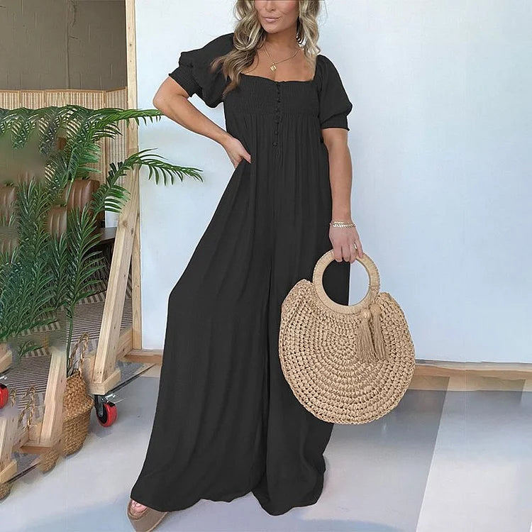 Luisa Gregori™ Women's Square Neckline Jumpsuit With Smocked Bodice Button