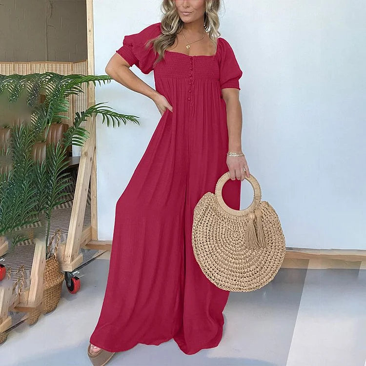 Luisa Gregori™ Women's Square Neckline Jumpsuit With Smocked Bodice Button