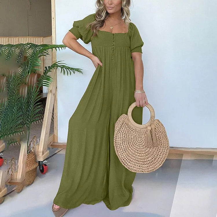 Luisa Gregori™ Women's Square Neckline Jumpsuit With Smocked Bodice Button
