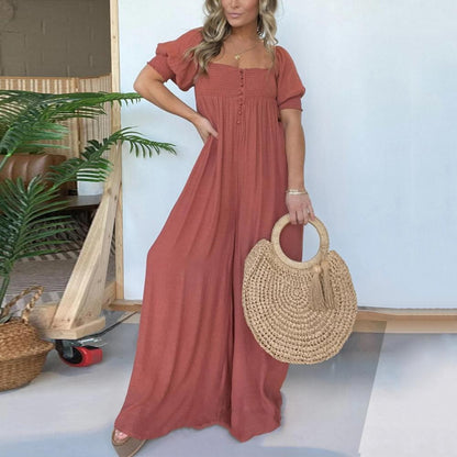 Luisa Gregori™ Women's Square Neckline Jumpsuit With Smocked Bodice Button