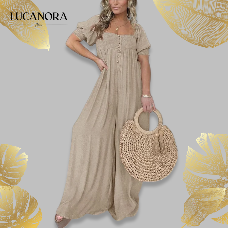 Luisa Gregori™ Women's Square Neckline Jumpsuit With Smocked Bodice Button