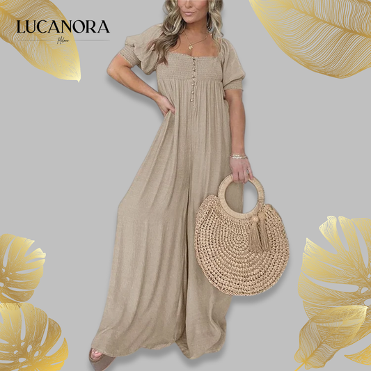 Luisa Gregori™ Women's Square Neckline Jumpsuit With Smocked Bodice Button