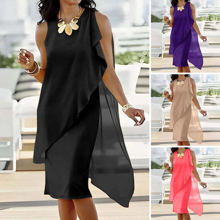 Manuela Albo™ Elegant sleeveless dress with round neckline and asymmetrical mesh
