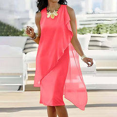 Manuela Albo™ Elegant sleeveless dress with round neckline and asymmetrical mesh