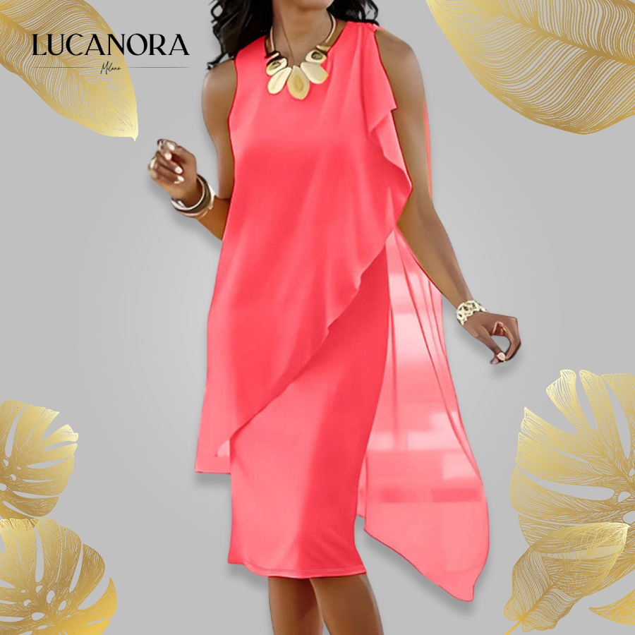 Manuela Albo™ Elegant sleeveless dress with round neckline and asymmetrical mesh