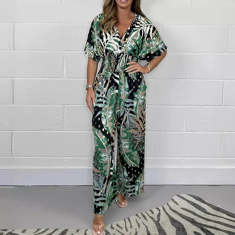 Marta Morandi™ Leaf Print Jumpsuit with Elastic Waist