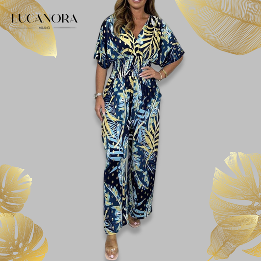 Marta Morandi™ Leaf Print Jumpsuit with Elastic Waist