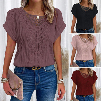 Melissa Zarcone™ Women's solid crochet t-shirts with short sleeves and a crew neck
