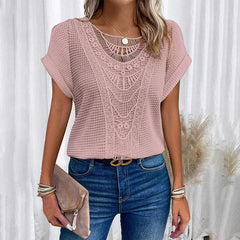 Melissa Zarcone™ Women's solid crochet t-shirts with short sleeves and a crew neck