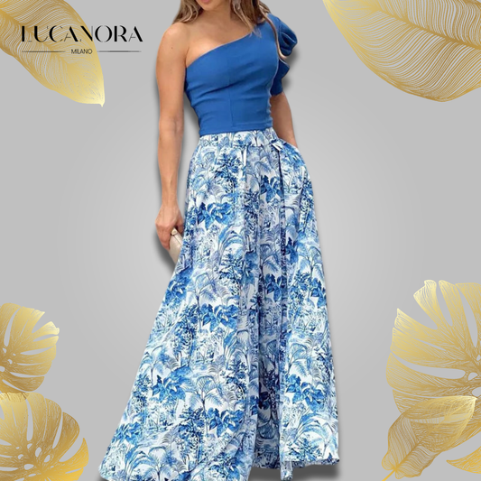 Melissa™ One shoulder puff sleeve trousers and floral trousers