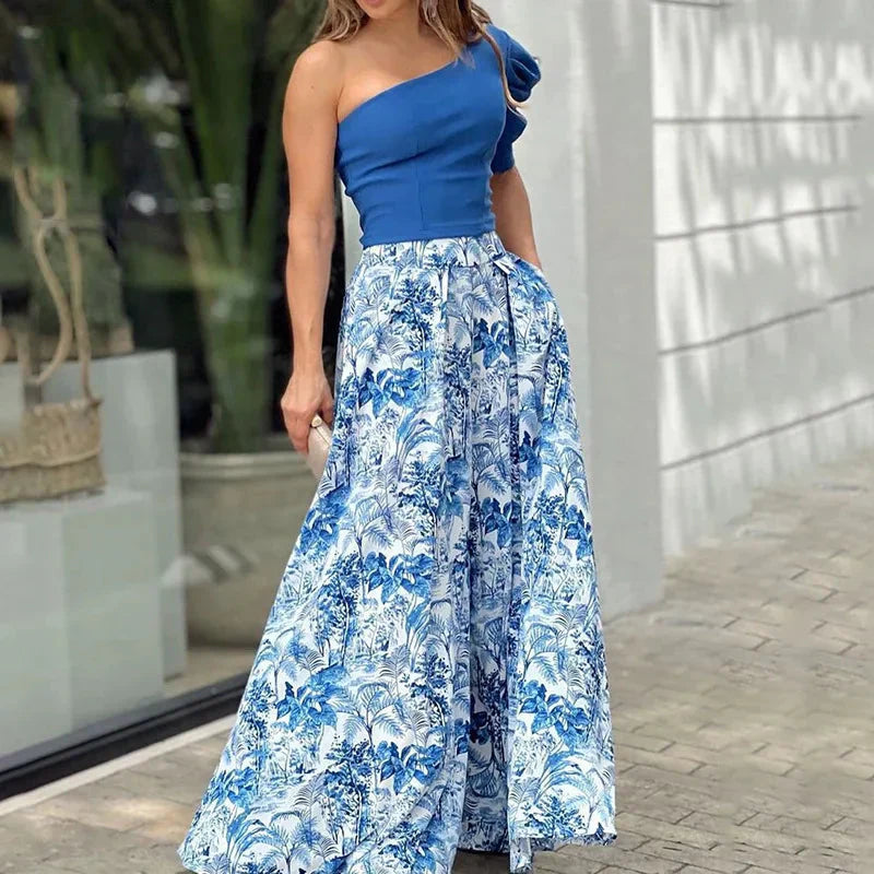 Melissa™ One shoulder puff sleeve trousers and floral trousers