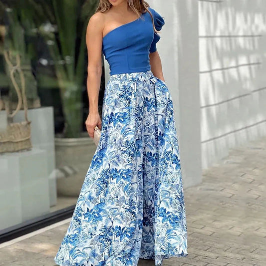 Melissa™ One shoulder puff sleeve trousers and floral trousers