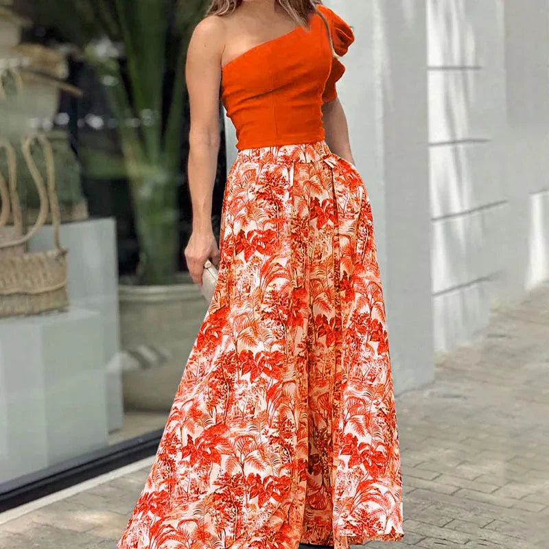 Melissa™ One shoulder puff sleeve trousers and floral trousers