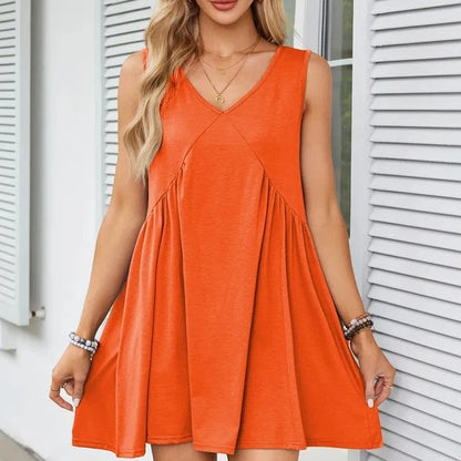 Monica Verno™ Women’s V-Neck Sleeveless Vest Loose pleated Dress