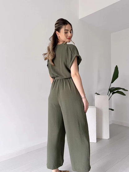 Paulette™ Casual jumpsuit with short sleeves and V-neck