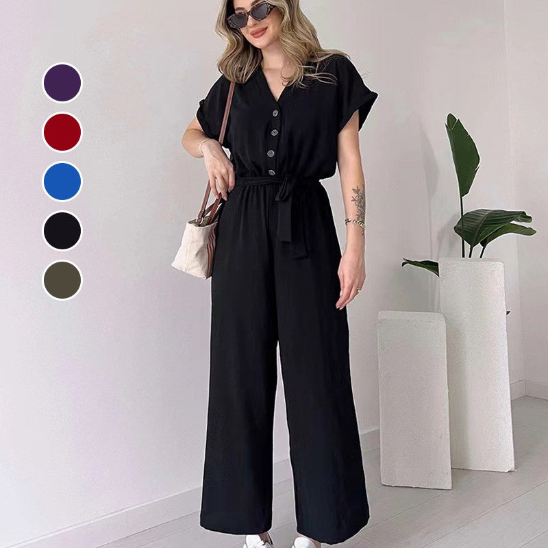 Paulette™ Casual jumpsuit with short sleeves and V-neck