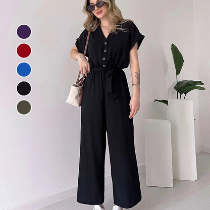 Paulette™ Casual jumpsuit with short sleeves and V-neck