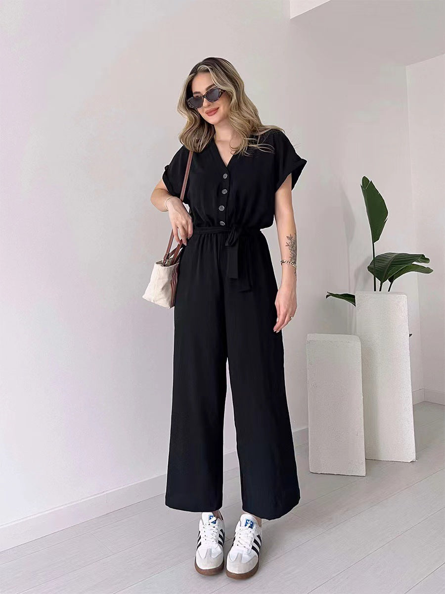 Paulette™ Casual jumpsuit with short sleeves and V-neck