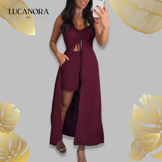 Savina Rosania™ V-Neck Sleeveless Camisole with Slit Long Dress & Shorts 2-Piece Set