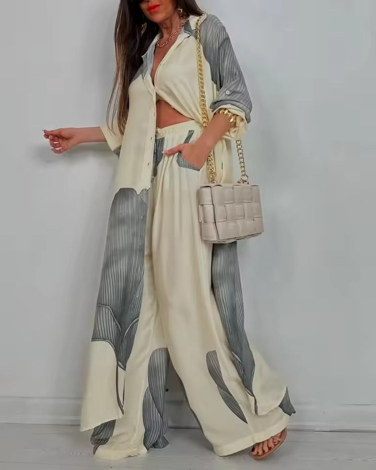 Susanna Perro™ V-neck Patchwork Printed Top and Pants Suit