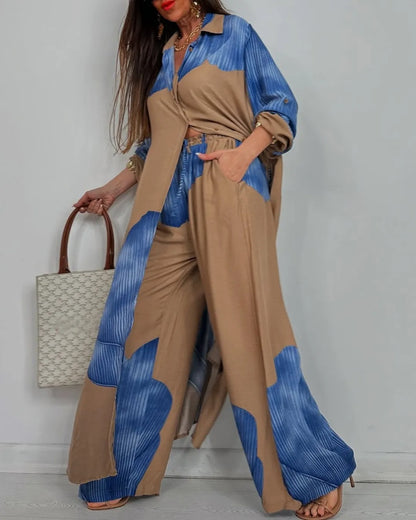 Susanna Perro™ V-neck Patchwork Printed Top and Pants Suit