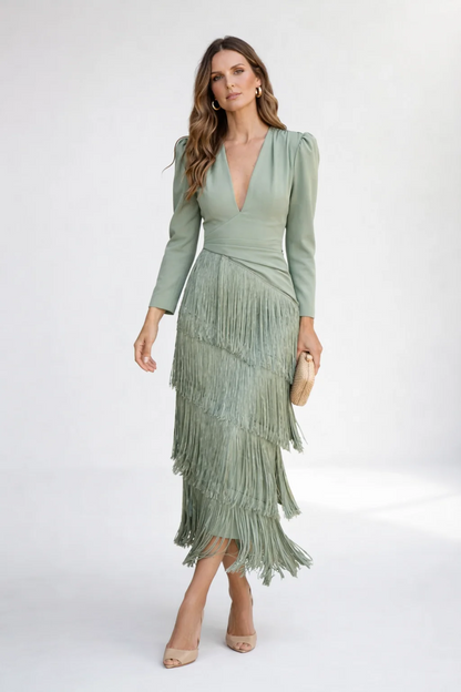 Ursola Abbondanza™ Elegant Fringed Midi Dress for Dressy Occasions