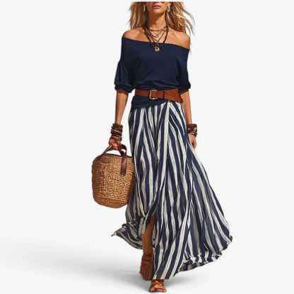 Adriana Striped Maxi Skirt Set with Belt - main front view of off-shoulder two-piece outfit