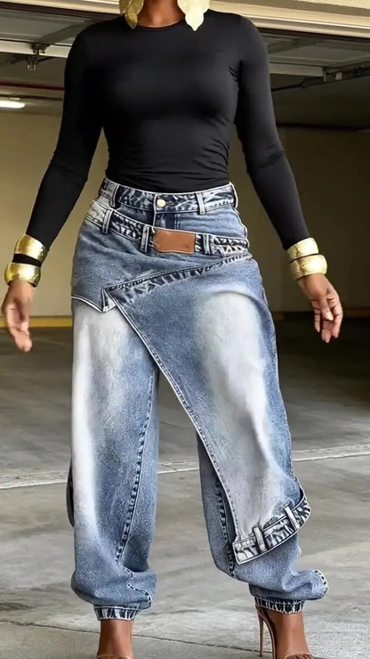 Agata Women Y2K High Waisted Patchwork Split Hem Denim Pant - main front product view