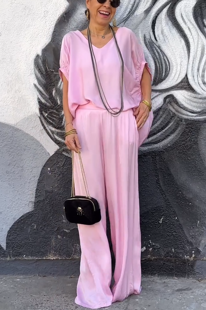 Agata Oversized Satin V-Neck Top & Wide-Leg Pants Two-Piece Set - main product view