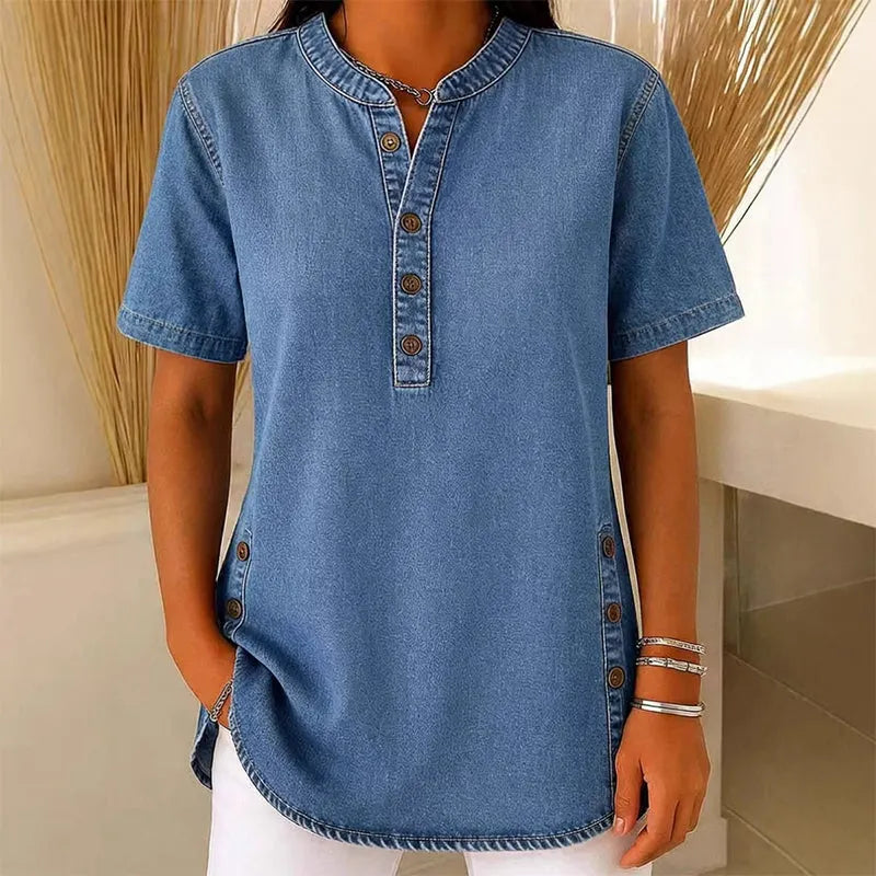 Agata Kynessa Light Denim V-Neck Tunic - main front view of short-sleeve tunic for women