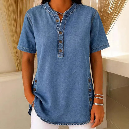 Agata Kynessa Light Denim V-Neck Tunic - main front view of short-sleeve tunic for women
