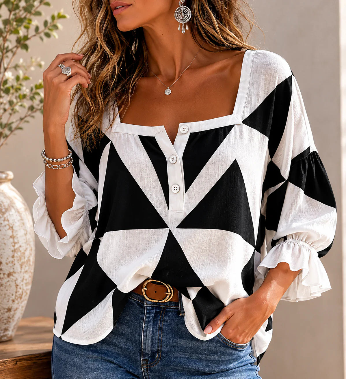 Agata Verzino™ Geometric Print Blouse for Effortless Style