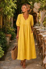 Agnese Spagnuolo™ Elegant Summer Dress with Embroidery and a V-Neck