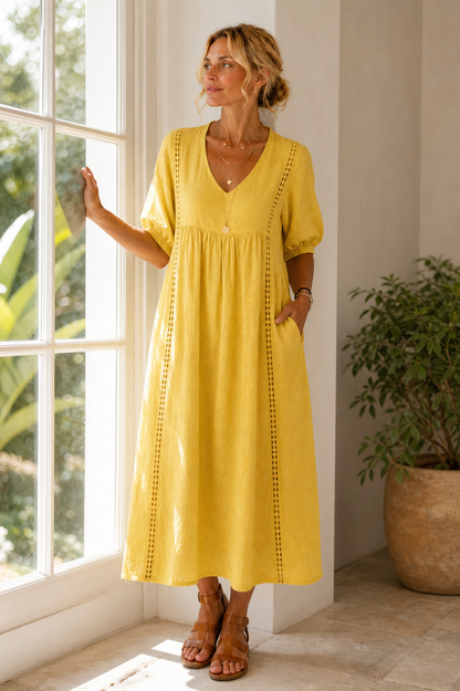 Agnese Spagnuolo™ Elegant Summer Dress with Embroidery and a V-Neck