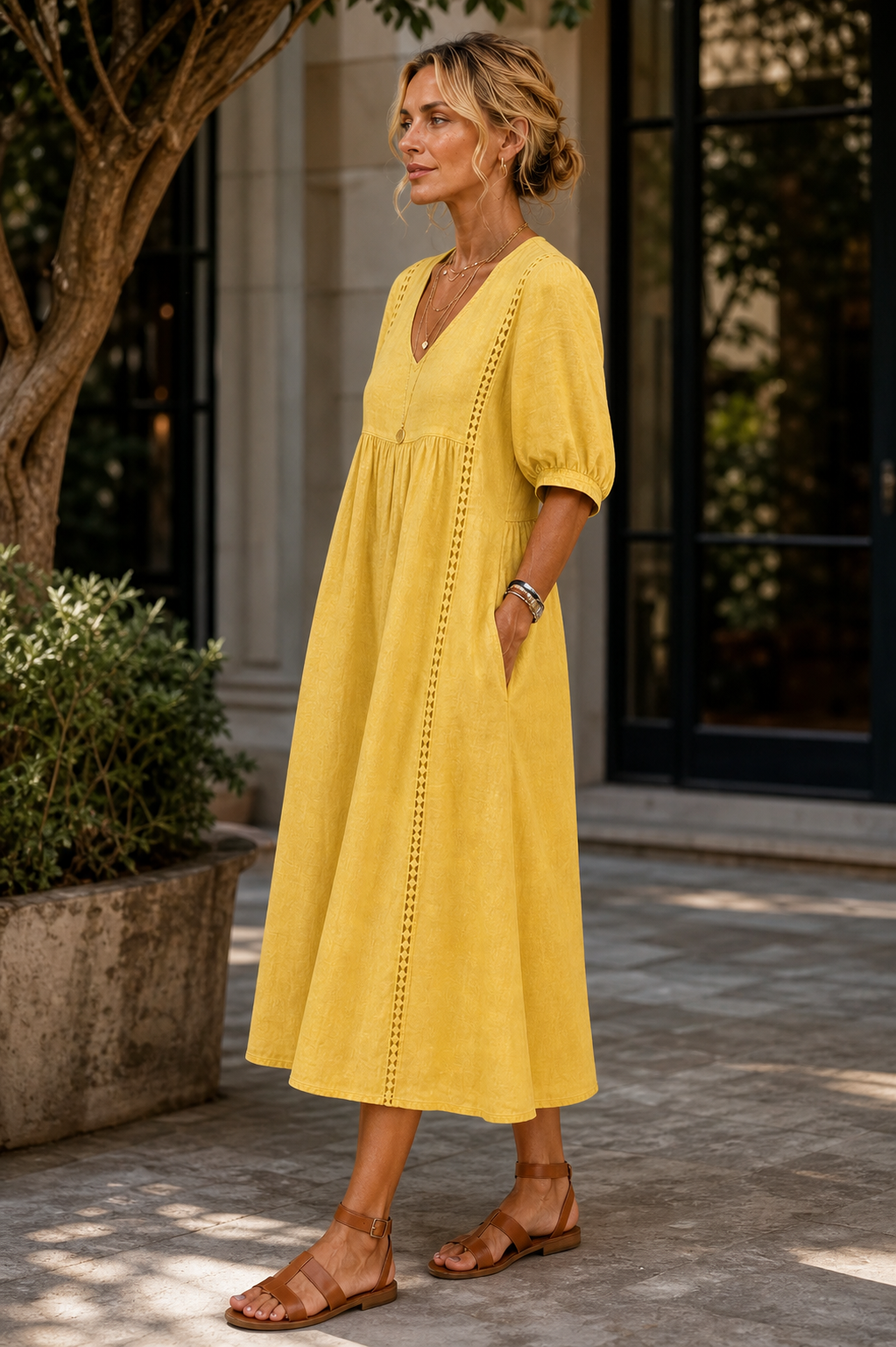 Agnese Spagnuolo™ Elegant Summer Dress with Embroidery and a V-Neck
