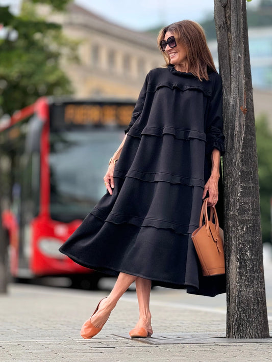 Alba Effortless Tiered Midi Dress - main front view of flowy tiered midi dress