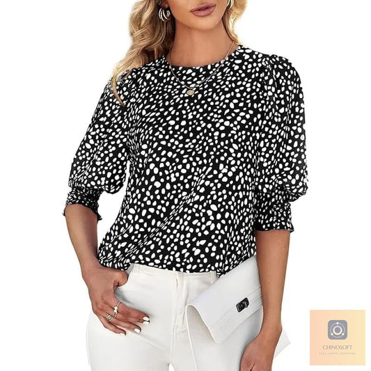 Aldina Lanzi Elegant Polka Dot Blouse - main view of women's 3/4 sleeve polka dot top