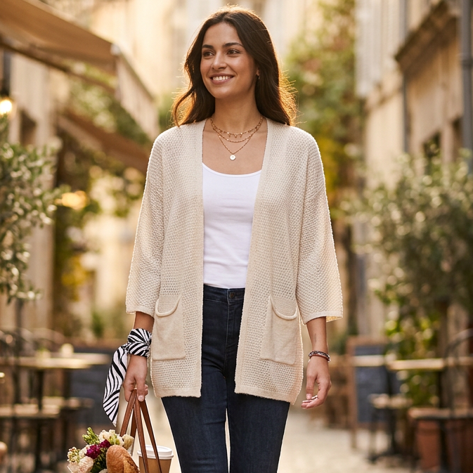 Woman walking down a quaint street with cafes and plants in the background