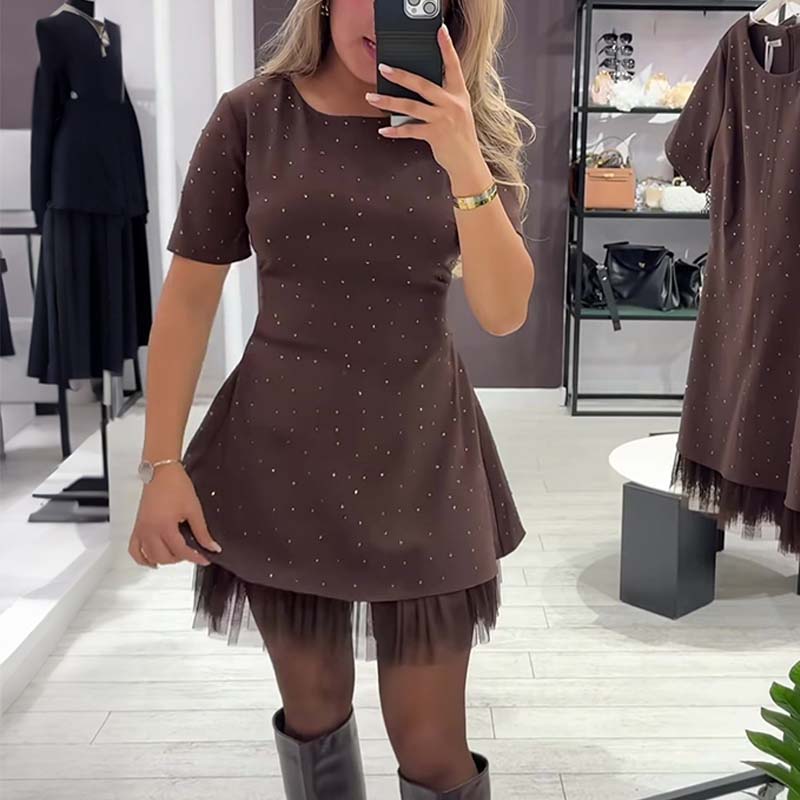 Alfonsa Women's Sparkly Lace Short Sleeve Mini Dress - main front view of elegant sparkly mini dress