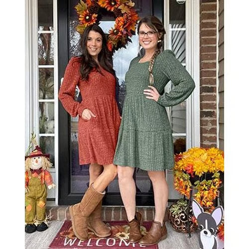 Alfonsina Women's Square Neck Lantern Sleeve Ribbed Dress - front view on model