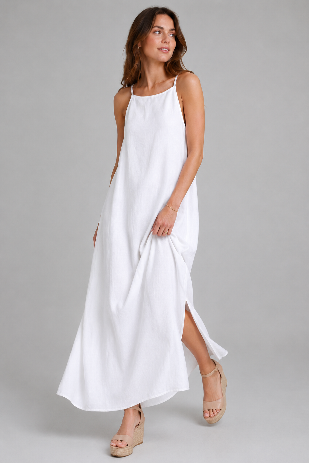 Angelica Elegant Solid Color Cotton Linen Sleeveless Long Dress - main front view of the sleeveless maxi dress