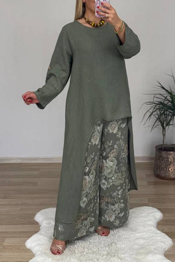 Angiolina Irregular Linen Tunic & Vintage Floral Wide Leg Pant 2-Piece Set - main front view