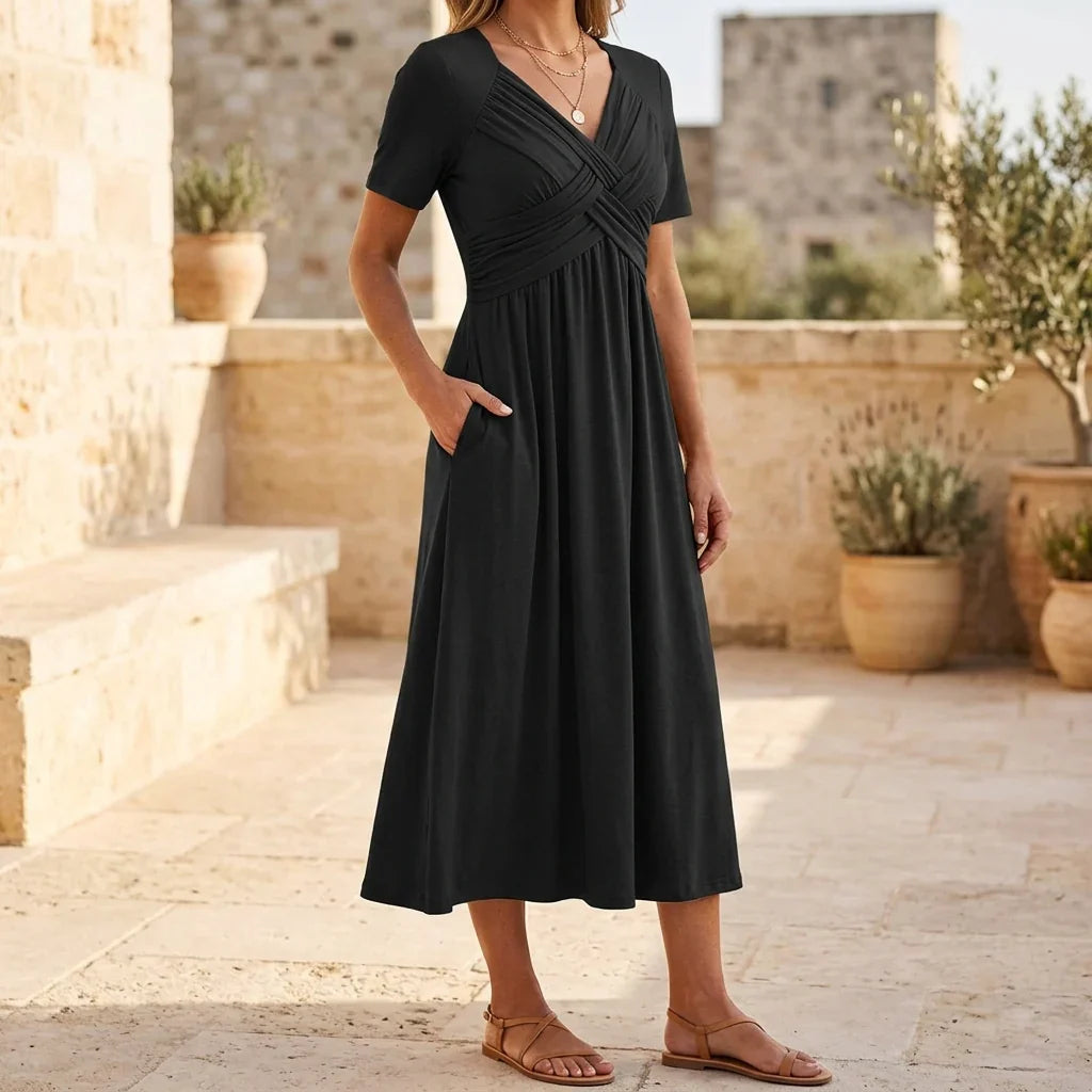 Anita Monterosso Flattering V-Neck Dress - main front view of dress with V-neckline and cross detail