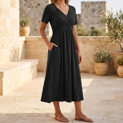 Anita Monterosso Flattering V-Neck Dress - main front view of dress with V-neckline and cross detail