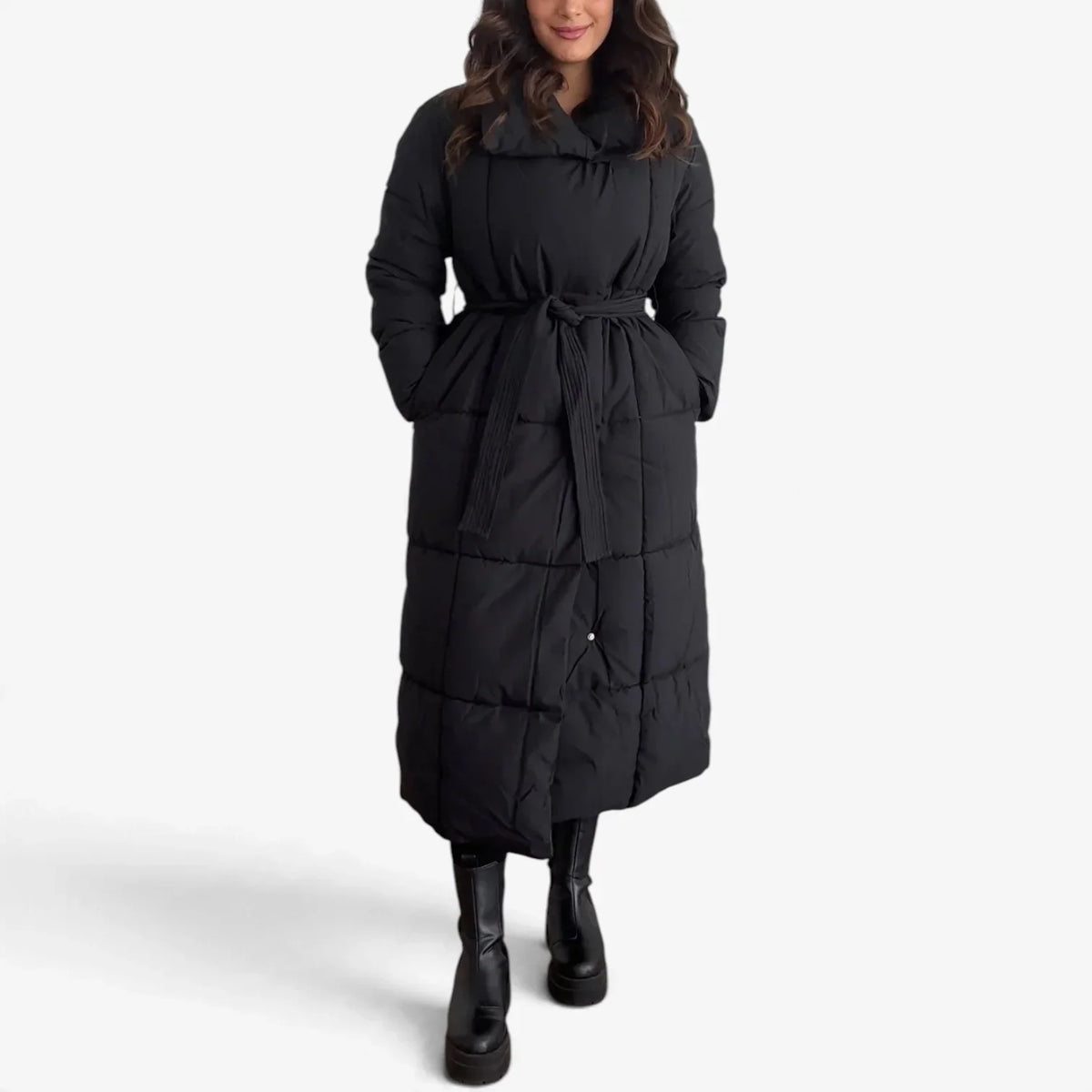 Annalisa Giovanna Belted Longline Puffer Coat - main front view of elegant belted longline puffer