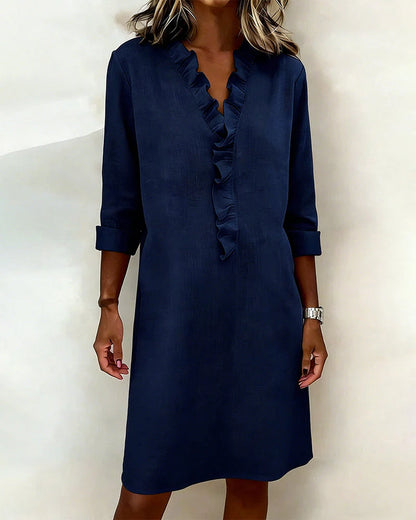 Arianna Plain V-Neck Ruffled Dress - side profile view highlighting v-neck and ruffle layers