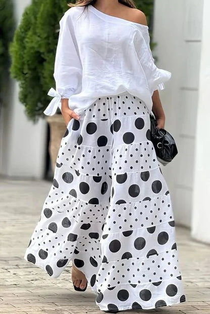 Azzurra Tie-cuff Loose Top and Polka Dot Wide Leg Pants Set - main front view